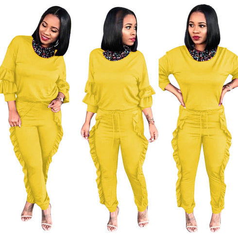 Women's Spliced Agaric Side Long Sleeve Two Piece Outfits