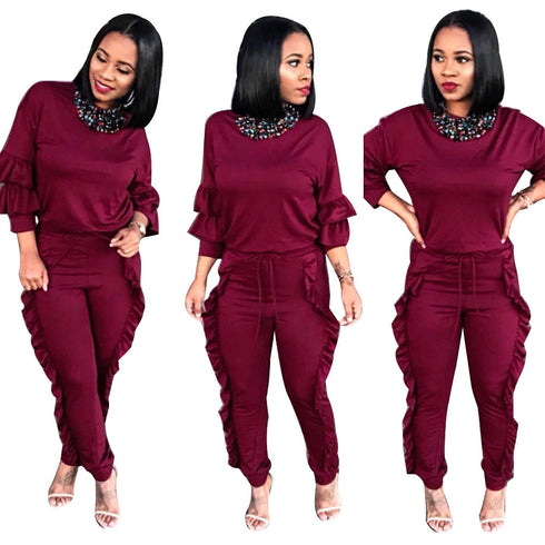 Women's Spliced Agaric Side Long Sleeve Two Piece Outfits