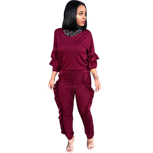 Women's Spliced Agaric Side Long Sleeve Two Piece Outfits