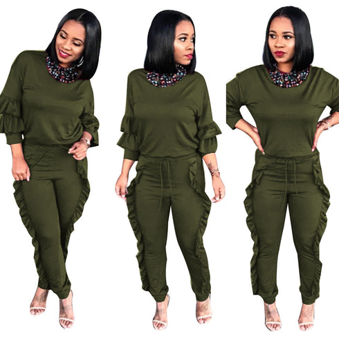 Women's Spliced Agaric Side Long Sleeve Two Piece Outfits