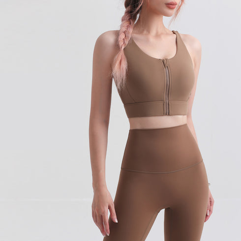 Women's Sport Fitness Zipper Criss Cross Back Bralette Bra