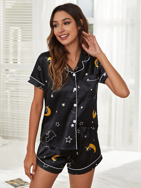 Women's Stretchy loungewear Short Sleeve Shorts Print Pajama Sets