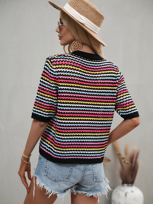 Women's Stripes Hollow Out Patchwork Knit Sweatshirt