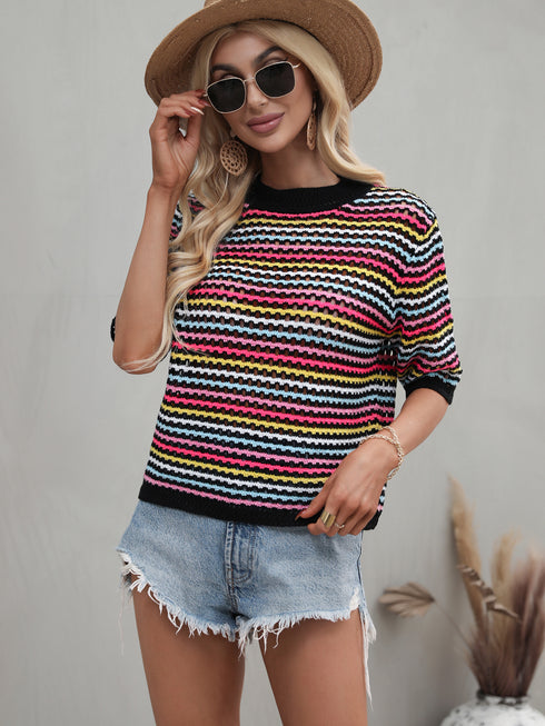 Women's Stripes Hollow Out Patchwork Knit Sweatshirt