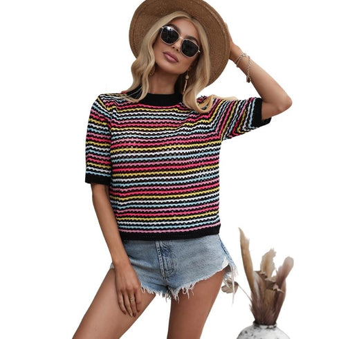Women's Stripes Hollow Out Patchwork Knit Sweatshirt