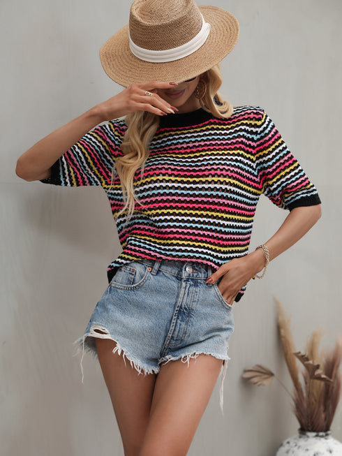 Women's Stripes Hollow Out Patchwork Knit Sweatshirt