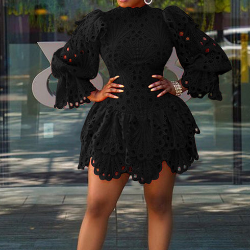 Women's Stylish Combed Cotton Long Sleeve Lace Dress