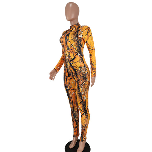 Women's Temperament Stand Collar Printed Jumpsuits
