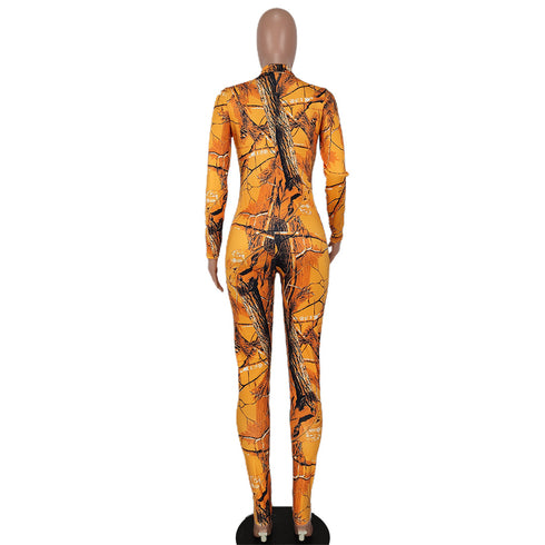 Women's Temperament Stand Collar Printed Jumpsuits