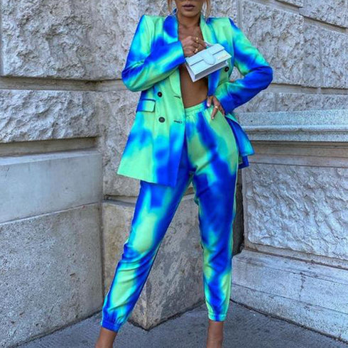 Women's Tie-dye Printed Two Piece Outfits Suit