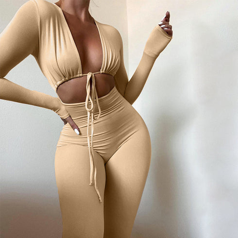 Women's Tight Sexy Crop Revealing Long Sleeved Slim Jumpsuit