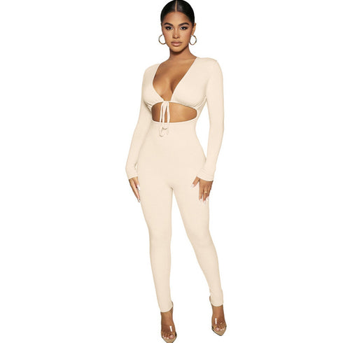 Women's Tight Sexy Crop Revealing Long Sleeved Slim Jumpsuit