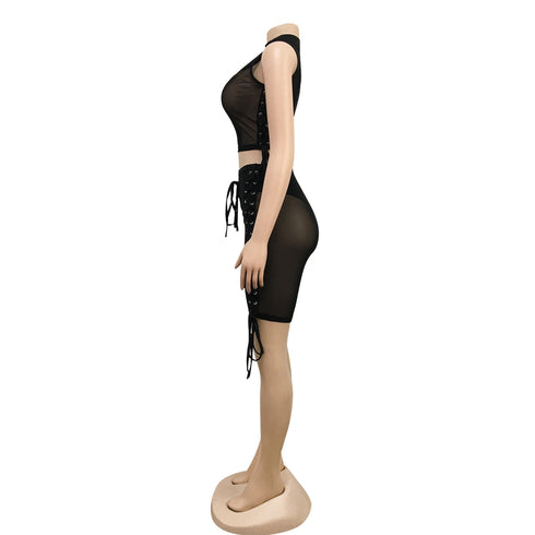Women's Tight Sexy Fluoroscopy Gauze Two Piece Outfits