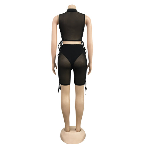 Women's Tight Sexy Fluoroscopy Gauze Two Piece Outfits