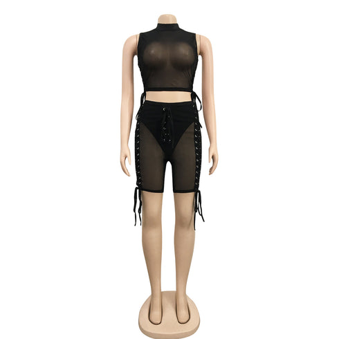 Women's Tight Sexy Fluoroscopy Gauze Two Piece Outfits