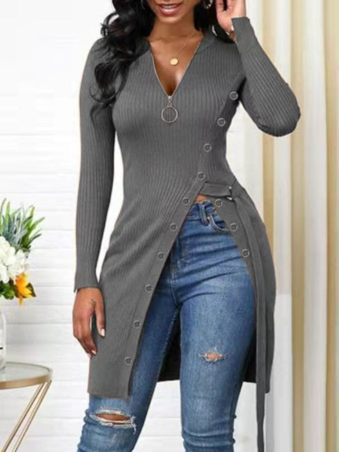 Women's Tunics High Slit Thread Long Sleeve Tops