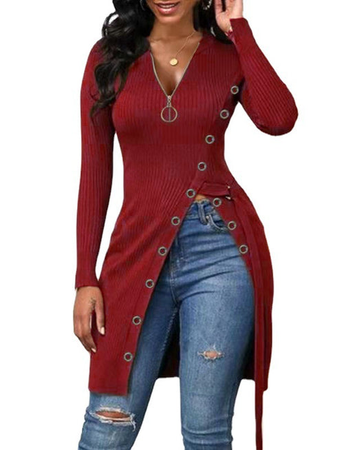 Women's Tunics High Slit Thread Long Sleeve Tops