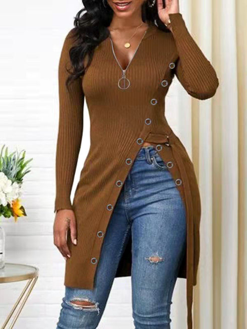 Women's Tunics High Slit Thread Long Sleeve Tops