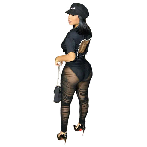 Women's Two Piece Outfits Backless T-shirt Gauze Pant