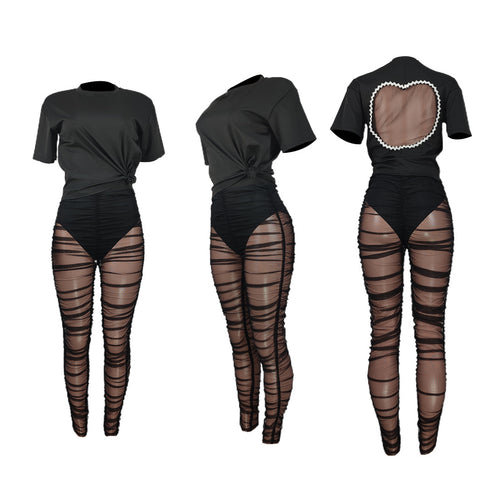 Women's Two Piece Outfits Backless T-shirt Gauze Pant