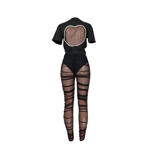 Women's Two Piece Outfits Backless T-shirt Gauze Pant