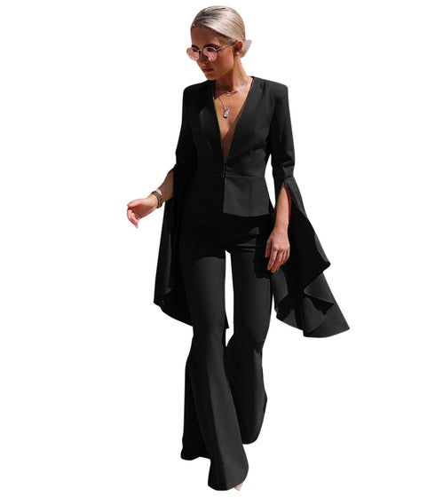 Women's Two Piece Outfits Flare Bell Bottom Pants Irregular Suit