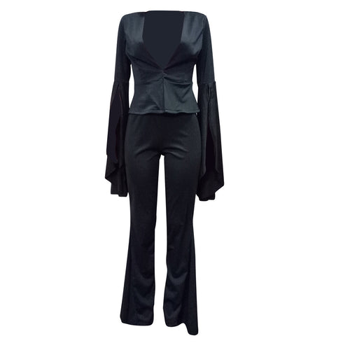 Women's Two Piece Outfits Flare Bell Bottom Pants Irregular Suit
