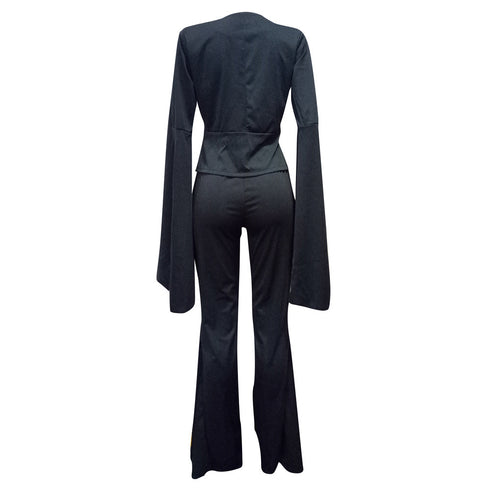 Women's Two Piece Outfits Flare Bell Bottom Pants Irregular Suit