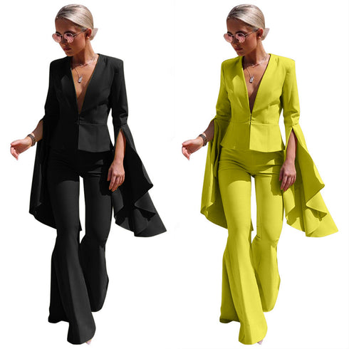 Women's Two Piece Outfits Flare Bell Bottom Pants Irregular Suit
