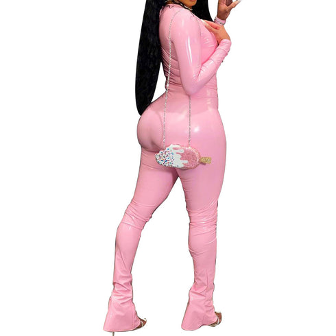 Women's Two Piece Outfits PU Leather Top Skinny Pants