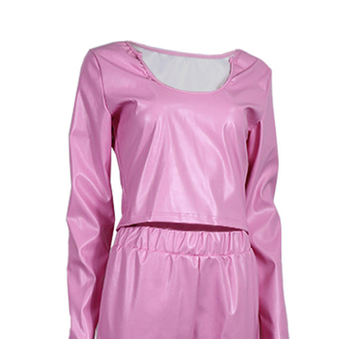 Women's Two Piece Outfits PU Leather Top Skinny Pants