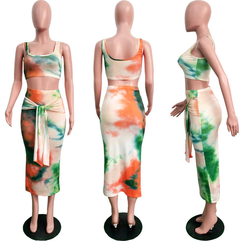 Women's Two Piece Outfits Print Vests Long Skirts Suit