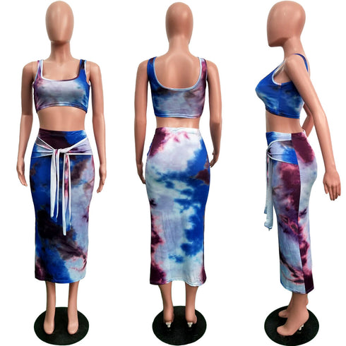 Women's Two Piece Outfits Print Vests Long Skirts Suit