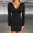 Women's V-neck Backless Long Sleeved Belted Dress