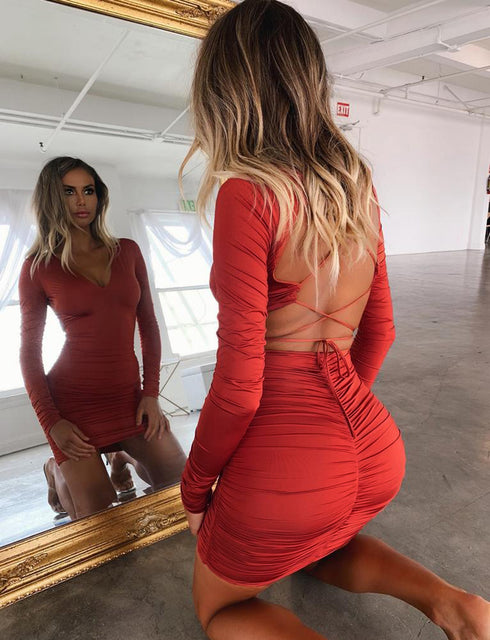 Women's V-neck Backless Long Sleeved Belted Dress