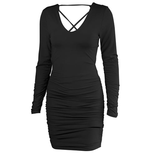 Women's V-neck Backless Long Sleeved Belted Dress