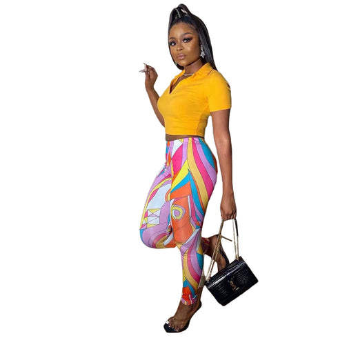 Women's V-neck Print T-shirts Pants Two Piece Outfits