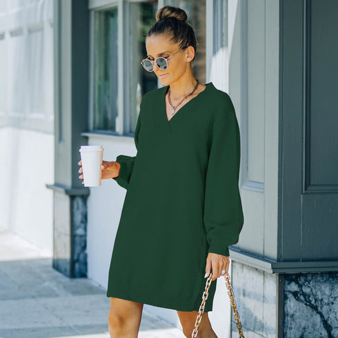 Women's V Neck Long Sleeves Medium Length Knitted Dress