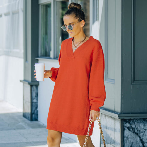 Women's V Neck Long Sleeves Medium Length Knitted Dress