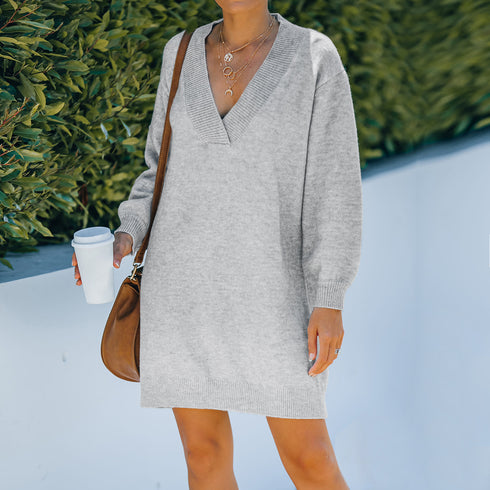 Women's V Neck Long Sleeves Medium Length Knitted Dress