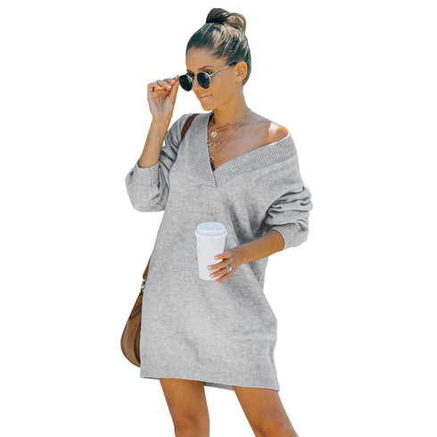 Women's V Neck Long Sleeves Medium Length Knitted Dress