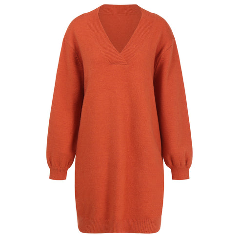 Women's V Neck Long Sleeves Medium Length Knitted Dress