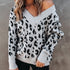 Women's V Neck Off Shoulder Leopard Print Loose Sweater
