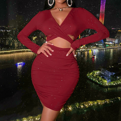 Women's Wine Red Sexy Crop Party Bodycon Dresses