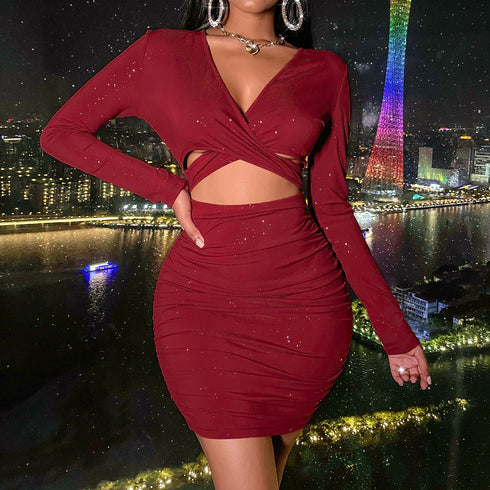 Women's Wine Red Sexy Crop Party Bodycon Dresses