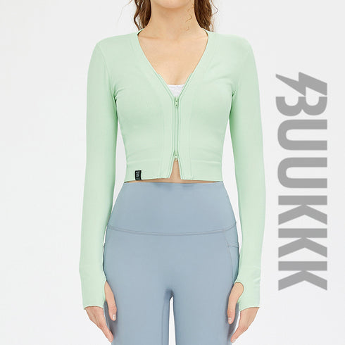 Women's Workout V-Neck Zipper Coat Running Track Jacket